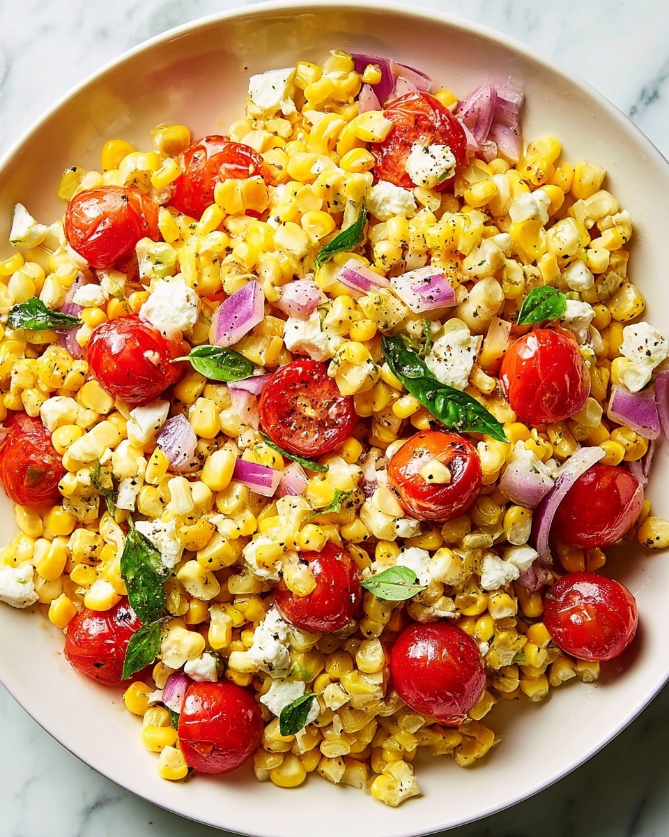 A close-up top view of a corn salad served on a white plate placed on a white marbled surface, showing layers of bright yellow corn kernels and small round corn pieces scattered evenly throughout. On top, there are halved small red cherry tomatoes glossy with freshness, mixed with small chunks of white cheese and bits of finely chopped purple onion. Small green basil leaves are also sprinkled throughout, adding pops of deep green color. The textures range from soft and juicy tomatoes and cheese to the firm corn kernels and crisp onion, all lightly seasoned with black pepper bits visible. photo taken with an iphone --ar 4:5 --v 7