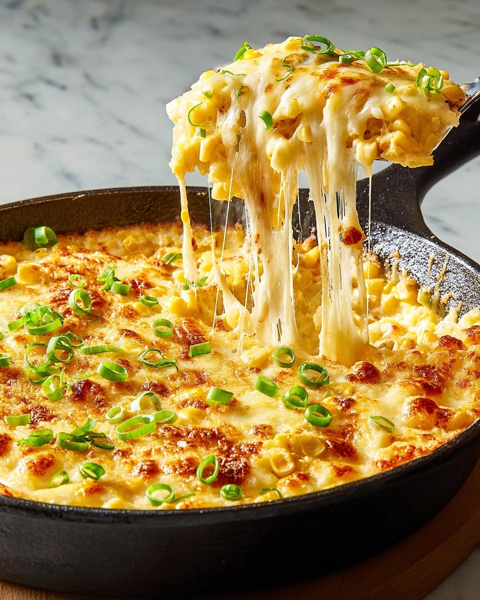 A black cast iron pan filled with a creamy baked corn casserole is shown, with melted cheese on top that is golden brown in some spots and bubbly in others. The top layer is covered with thinly sliced green onions scattered unevenly. The cheese stretches in long, gooey strings as a portion is lifted, revealing a rich yellow corn and cream mixture beneath. The corn kernels are visible under the melted cheese, adding a pop of bright yellow color. The pan rests on a white marbled surface. photo taken with an iphone --ar 4:5 --v 7