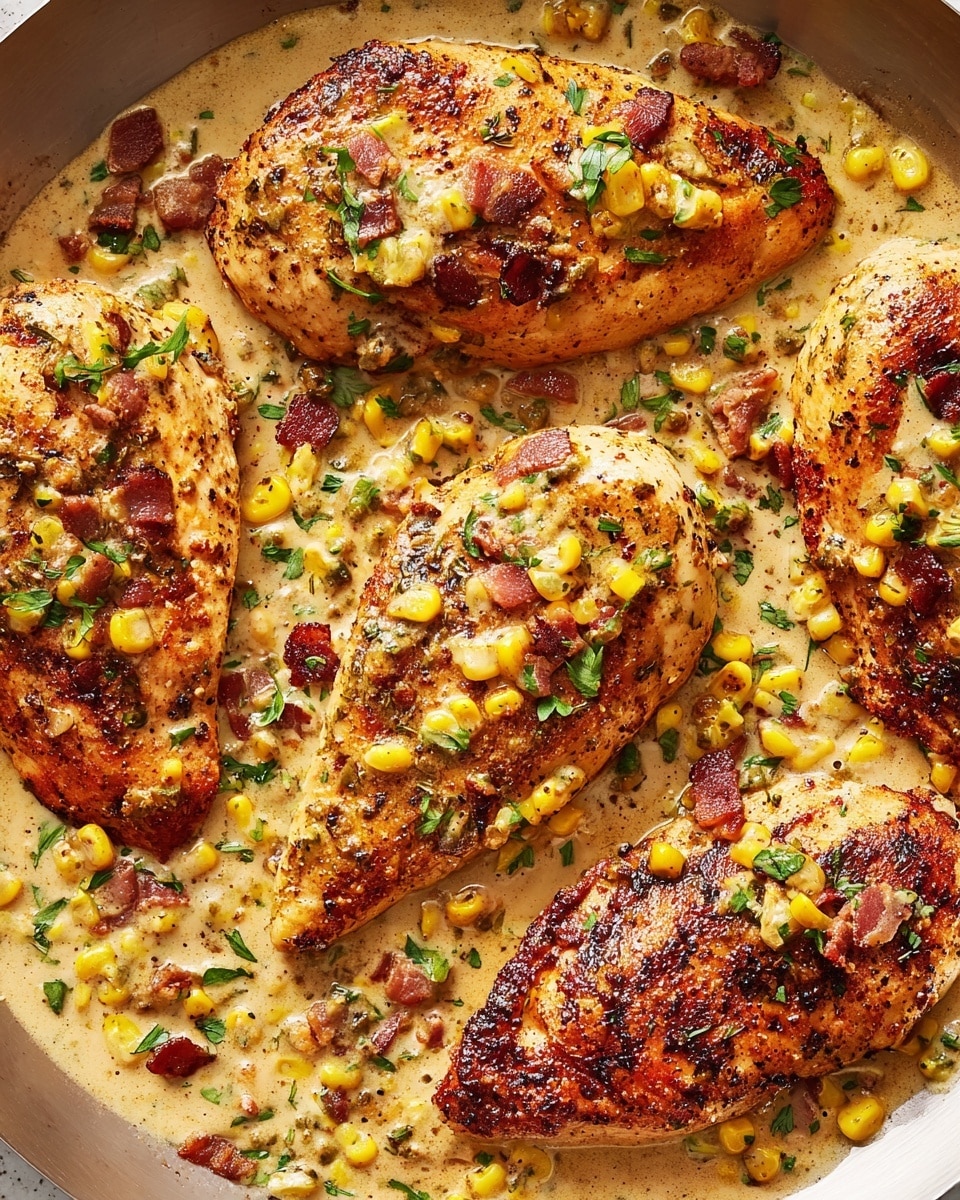 A close-up view of five grilled chicken breasts with a rich golden-brown color, sitting in a creamy sauce with a light tan color. Scattered throughout the sauce are visible pieces of sweet corn, small bits of bacon, and finely chopped herbs that add green pops of color. The juicy texture of the chicken contrasts with the smoothness of the sauce, and some crispy and charred bits of bacon and corn add texture on the top. The scene is set on a white marbled texture surface. Photo taken with an iphone --ar 4:5 --v 7