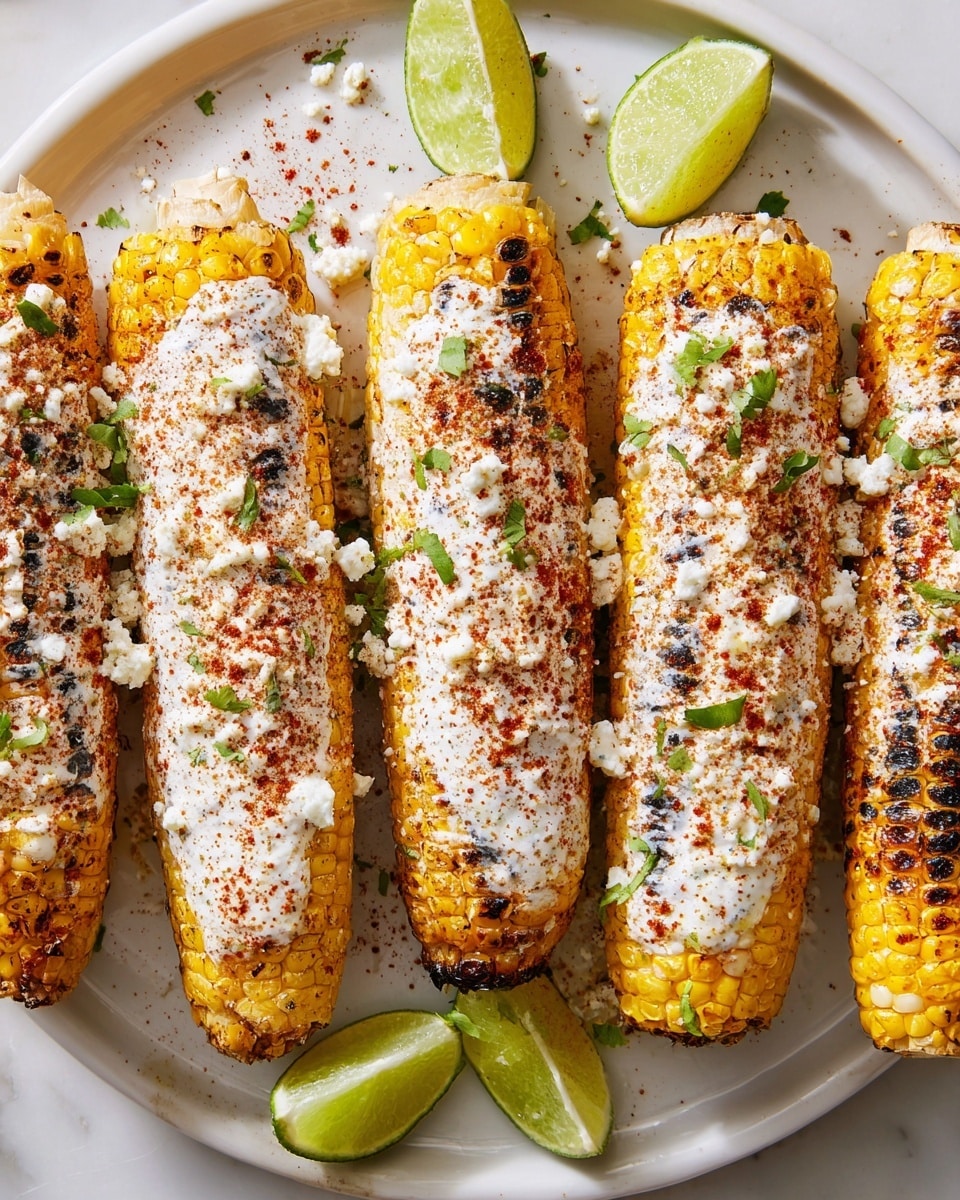 Grilled corn on the cob is shown with five pieces lined up on a white plate over a white marbled surface. Each corn has a yellow kernel layer with dark grill marks on them. There is a thick white cream layer spread evenly on each corn, topped with scattered white crumbly cheese and sprinkled with reddish-brown chili powder. Small green herb leaves are sprinkled around and on top of the corn. At the corner of the plate, there are a few lime wedges with bright green skin and juicy light green inside. The photo is taken close-up with bright, natural light. photo taken with an iphone --ar 4:5 --v 7