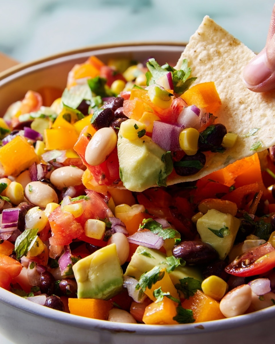 The image shows a close-up of a colorful salad in a white bowl with a white marbled surface beneath it. The salad contains multiple layers and colors: bright orange bell pepper pieces, yellow corn kernels, pale beige beans with dark spots, black beans, red cherry tomato halves, chunks of light green avocado, and small pieces of purple-red onion mixed with green cilantro leaves. A white tortilla chip dipped in the salad is held by a woman's hand, lifting a scoop of this mixed salad. The textures range from smooth avocado to crisp bell pepper and beans, all freshly mixed in the bowl. Photo taken with an iphone --ar 4:5 --v 7