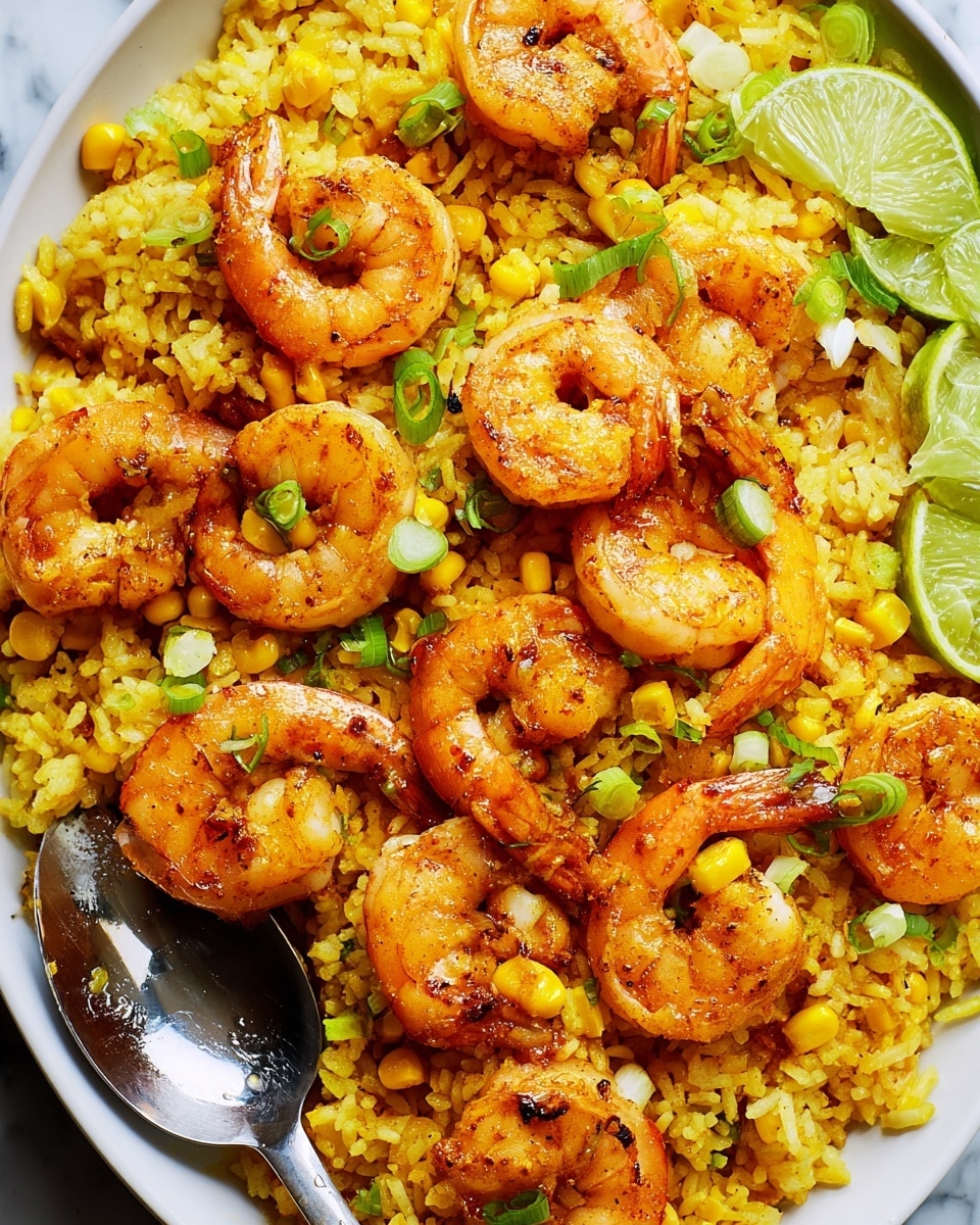 The dish shows a close-up view of cooked shrimp layered on a bed of yellow rice mixed with corn kernels and chopped green onions. The shrimp are orange with slight grill marks and are arranged evenly across the rice, which has a soft, slightly oily texture. Scattered lime wedges add a bright green contrast on the right side of the image. A shiny silver spoon rests on the rice near the bottom left. All of this is placed on a white marbled surface. photo taken with an iphone --ar 4:5 --v 7