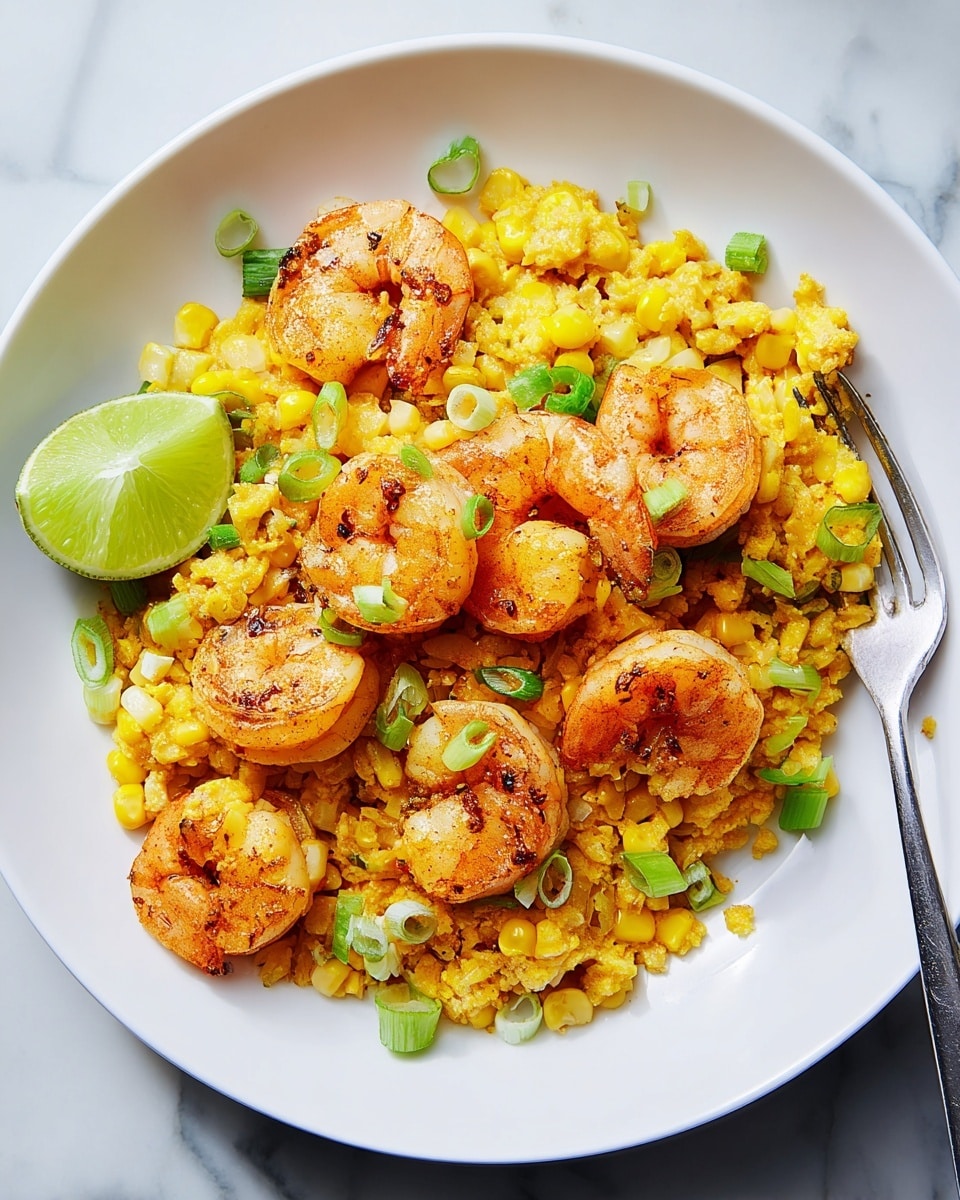 A white plate filled with a layered dish topped with plump, grilled shrimp that have a light orange color and char marks, arranged over a bed of yellow rice mixed with corn kernels. The rice has a slightly moist texture and is scattered with chopped green onions, adding small pops of green throughout. A bright green lime wedge is placed near the shrimp on the upper left side, and a silver fork is partially buried in the rice on the right side. The plate sits on a white marbled surface. photo taken with an iphone --ar 4:5 --v 7