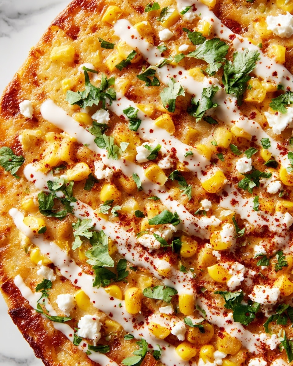 A close-up view of a flat dish showing three main layers: a golden-brown crispy base, topped with a layer of melted yellow cheese mixed evenly with bright yellow corn kernels, scattered fresh green cilantro leaves, and small white crumbles of cheese. On top, there are thin, white sauce drizzles spread diagonally across the dish, with a sprinkle of red chili powder adding contrast and texture over the entire surface. The background is a white marbled texture. photo taken with an iphone --ar 4:5 --v 7