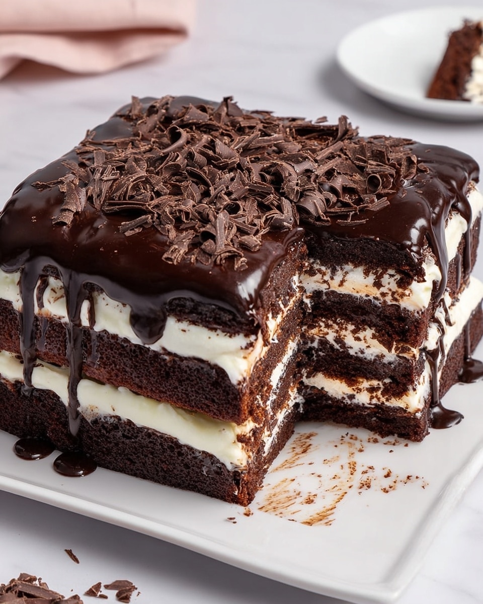 The image shows a thick, square chocolate cake with four visible layers. Each dark brown cake layer is separated by thick white cream filling. The top layer is covered with a shiny, smooth dark chocolate glaze that drips slightly down the sides. There are many small chocolate curls scattered over the glaze. A large slice is missing, revealing the cake's inner layers clearly. The cake sits on a white square plate on a white marbled surface. In the background, part of a white plate with a small piece of cake is visible. photo taken with an iphone --ar 4:5 --v 7