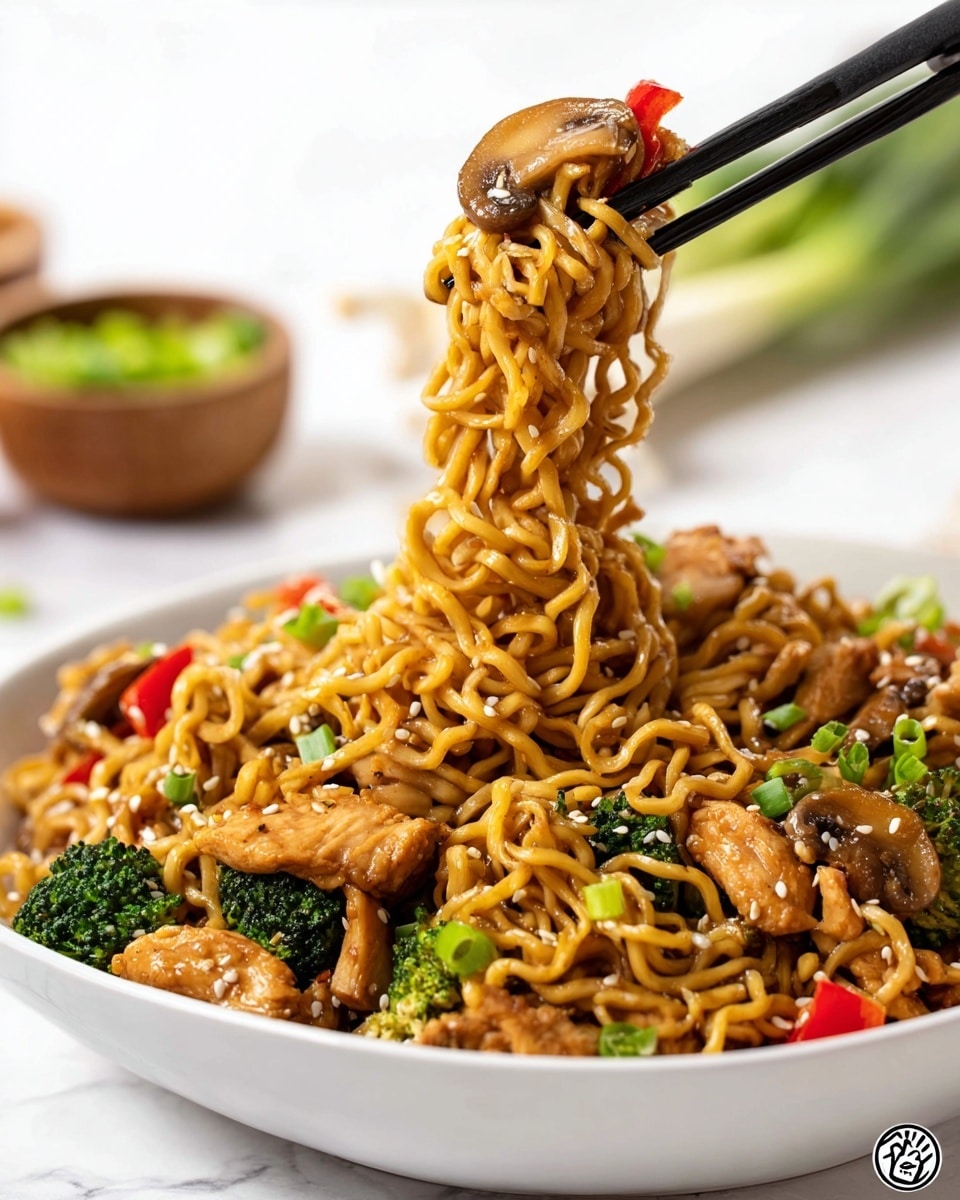 A close-up view of a white bowl filled with savory stir-fried noodles mixed with small pieces of cooked chicken, bright green broccoli florets, red bell pepper chunks, and chopped green onions, all coated in a glossy brown sauce sprinkled with white sesame seeds. The noodles are thick and slightly curly, and a pair of black chopsticks lifts a portion of noodles with a piece of chicken, a mushroom slice, and bits of red and green vegetables above the bowl. The background is a smooth white marbled texture with blurred elements of green onions and a small wooden bowl visible in the distance. photo taken with an iphone --ar 4:5 --v 7