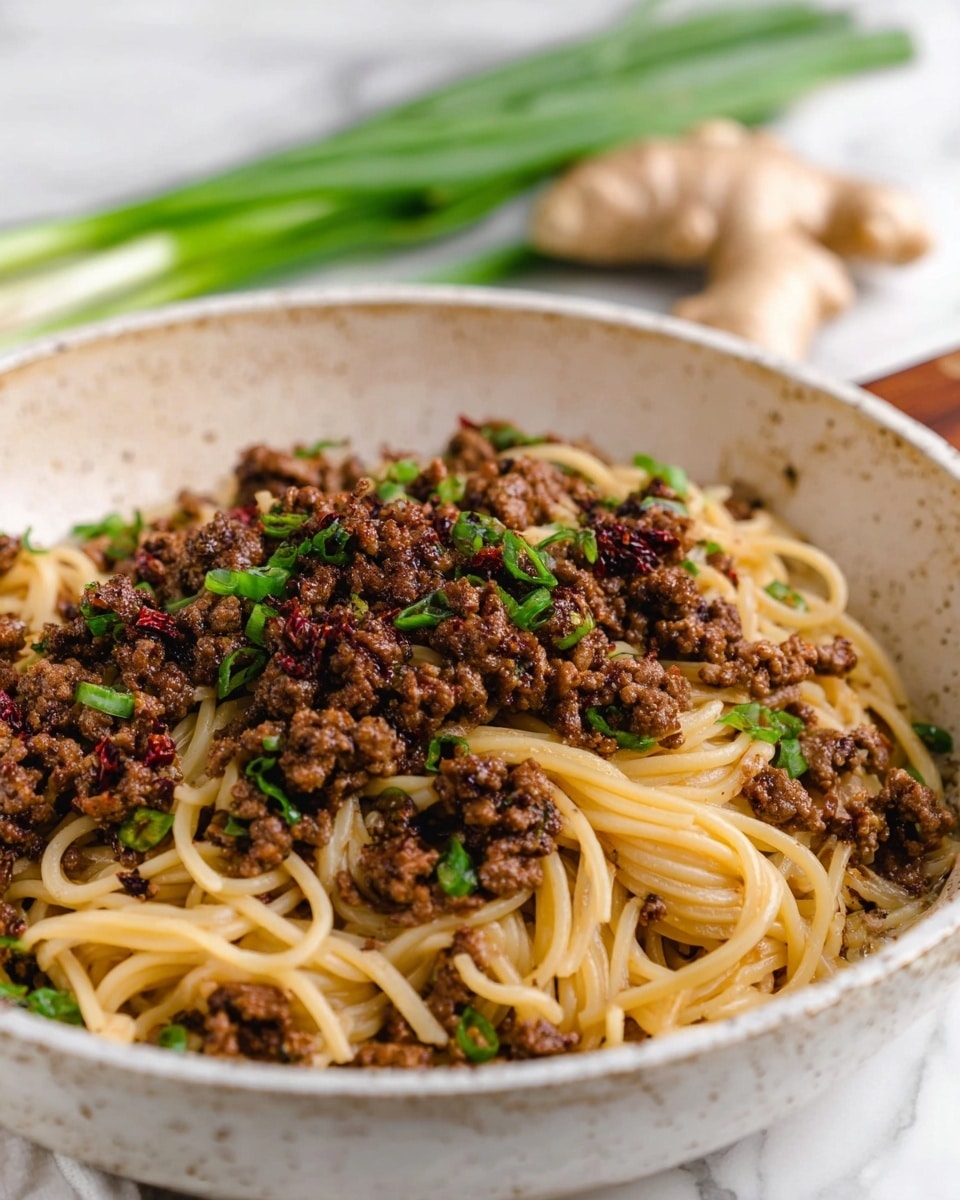 The dish shows a close-up of a white speckled bowl filled with two main visible layers; the bottom layer is a light brown and smooth spaghetti noodle base, and the top layer is a mix of finely cooked ground meat with a dark brown color scattered evenly on top of the noodles. Bright green chopped herbs are sprinkled through both layers, adding fresh pops of color. The bowl is placed on a white marbled surface, with some blurred green onions and ginger root in the background. photo taken with an iphone --ar 4:5 --v 7