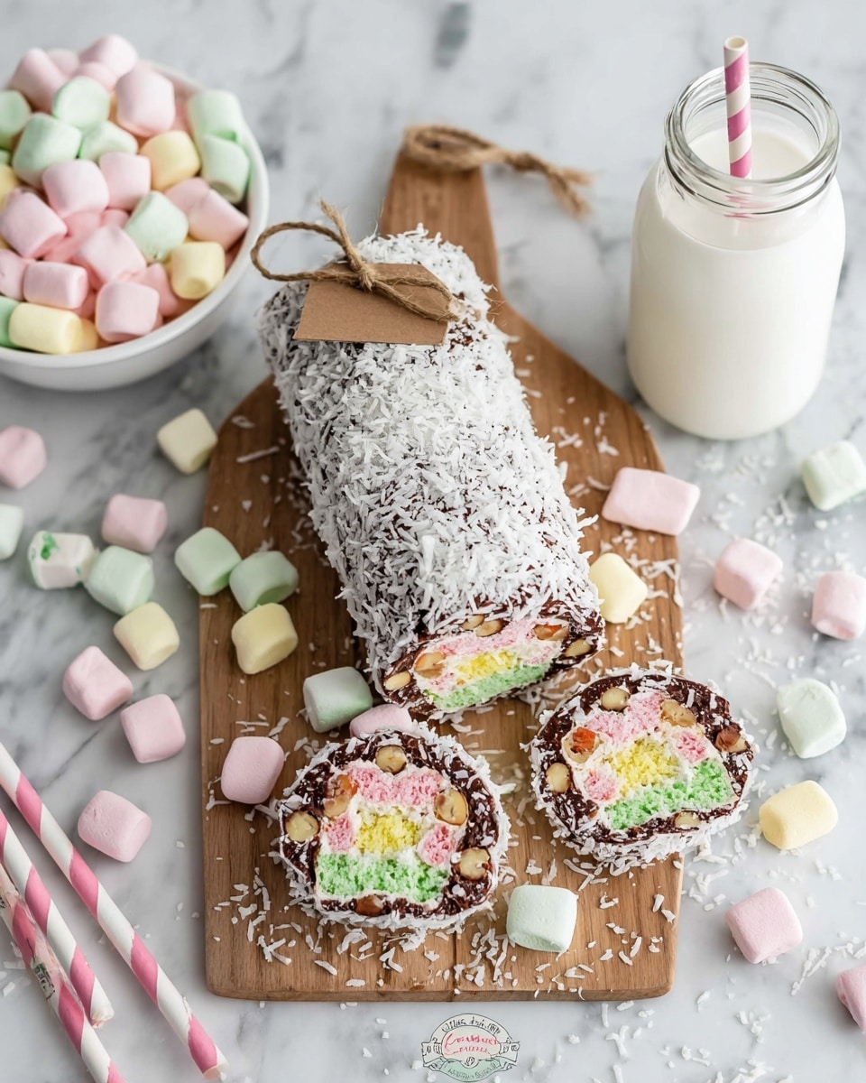 The image shows a dessert log covered in white shredded coconut, placed on a wooden cutting board with a rope tag at the top. The dessert inside is cut into thick round slices, revealing layers of pastel-colored marshmallows in pink, green, yellow, and orange mixed with a dark chocolate layer and small nut pieces, giving a mosaic look. The board is scattered with extra coconut flakes and some loose pastel mini marshmallows. To the left, a white bowl filled with pastel mini marshmallows is visible, while to the top right, there is a glass bottle of milk with a pink-striped straw. The scene is set on a white marbled surface with striped and polka dot paper straws nearby. photo taken with an iphone --ar 4:5 --v 7