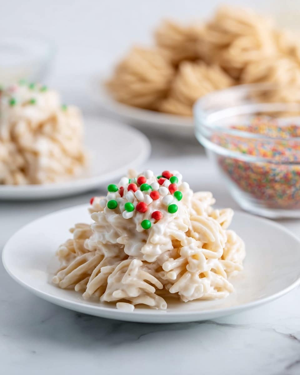A white plate holds a mound of light beige, stick-like pasta pieces covered in a smooth, creamy white coating, topped with small round sprinkles in red, green, and white colors. Behind the plate, there is a blurred view of more similar pasta clusters on another white plate and two clear glass bowls, one filled with something light brown and the other with colorful round sprinkles, all set on a white marbled surface. The overall scene has soft, natural light with a clean and simple background. photo taken with an iphone --ar 4:5 --v 7