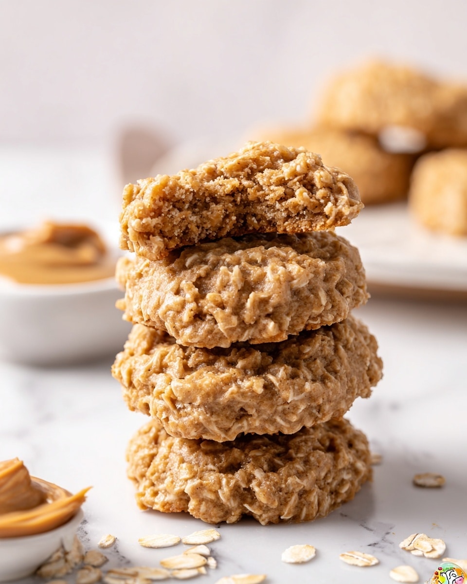 A stack of four rough-textured, light brown cookies with visible oats sits on a white marbled surface. The top cookie is broken in half, showing a dense, crumbly inside with more oats and a slightly darker brown color. Behind the stack, part of a white plate with more cookies is blurred in the background. There is also a small round white bowl with a spoonful of creamy, light brown peanut butter on the left side, slightly out of focus. Small oat flakes are scattered around the base of the cookie stack. Photo taken with an iphone --ar 4:5 --v 7