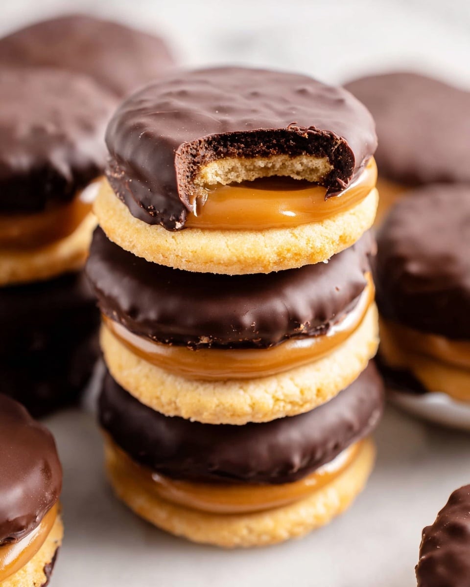 A close-up view of sandwich cookies stacked in two piles on a white marbled surface, each cookie having three layers: two golden-brown biscuits with a smooth caramel-colored filling in the middle, all covered in a thick layer of shiny, dark brown chocolate coating with a slightly uneven texture. One cookie at the top of the right stack is uncoated on the top biscuit, showing the caramel filling and biscuit edge clearly. Photo taken with an iphone --ar 4:5 --v 7