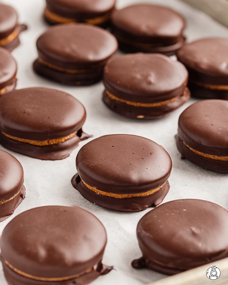 Multiple small round treats coated in smooth dark brown chocolate are arranged closely on a white marbled surface lined with white parchment paper. Each treat has three visible layers – a top and bottom layer of shiny chocolate shell, with a slightly lighter brown filling or cookie layer sandwiched in the middle. The chocolate coating is even but shows tiny bumps and small drips at the base edges, giving a handmade feel. The treats are in neat rows with soft focus toward the back. photo taken with an iphone --ar 4:5 --v 7