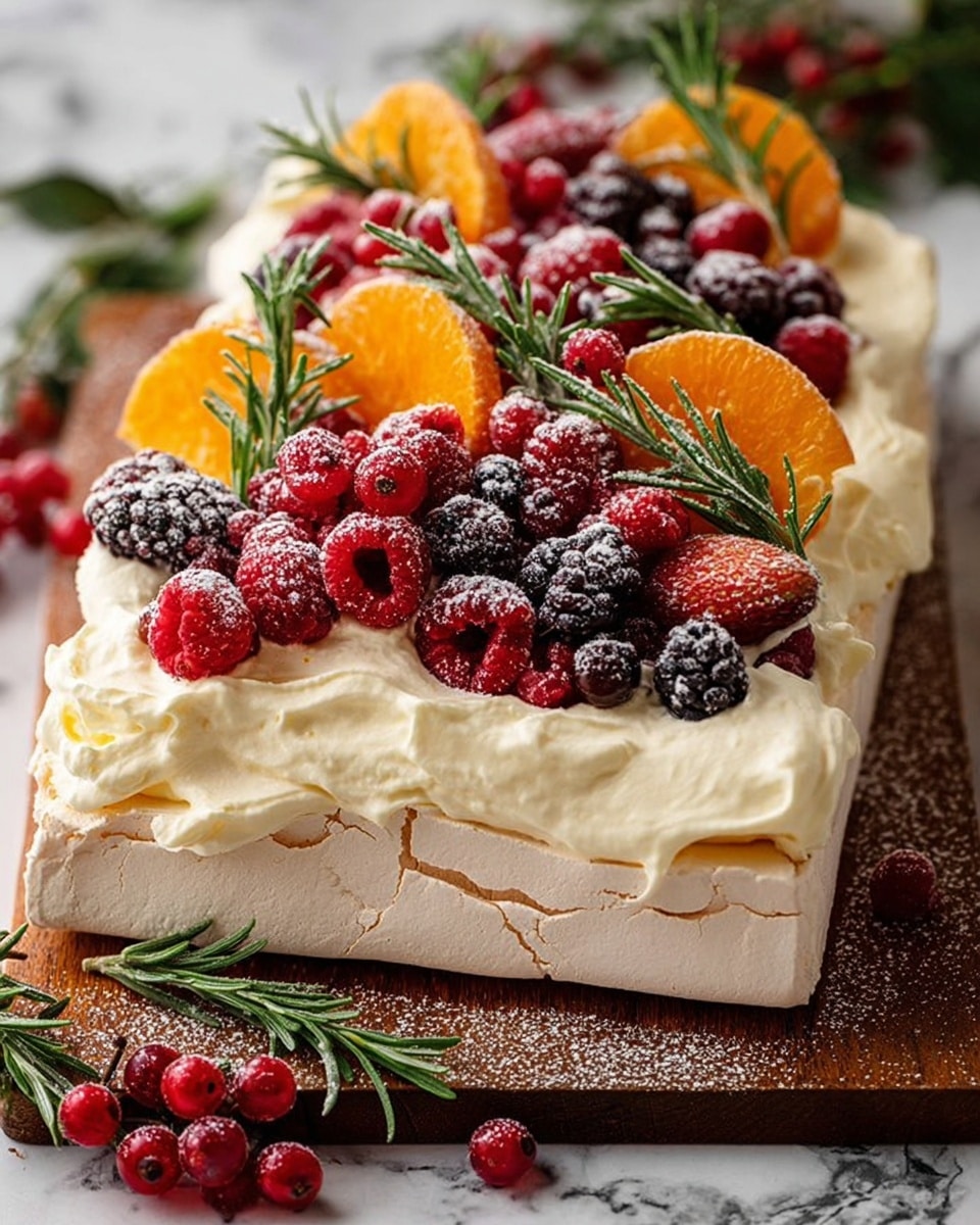 This dish is a rectangular pavlova with three layers visible. The bottom layer is a thick, light beige meringue with a slightly rough texture. On top of the meringue is a thick, smooth, and creamy white whipped cream layer spread unevenly with soft peaks around the edges. The top layer is a colorful mix of fresh berries including raspberries, blackberries, and red currants, along with bright orange slices placed evenly. Sprigs of green rosemary are scattered among the fruits, all lightly dusted with powdered sugar. The pavlova sits on a brown wooden board, with some berries and rosemary sprigs scattered around, and the background is a white marbled texture. Photo taken with an iphone --ar 4:5 --v 7