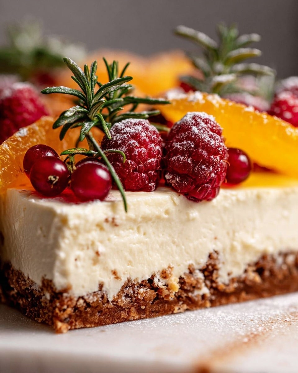 A close-up image of a layered dessert on a white marbled surface, showing three layers. The bottom layer is crumbly and brown with a crunchy texture, the middle layer is thick and creamy white with a smooth look, and the top layer has fresh fruits including bright red raspberries and sliced orange wedges scattered on it. There are also green sprigs that look like rosemary dusted with a light powder over the fruits. The photo captures the texture details very clearly, highlighting the softness of the cream, the freshness of the fruits, and the roughness of the crust. Photo taken with an iphone --ar 4:5 --v 7