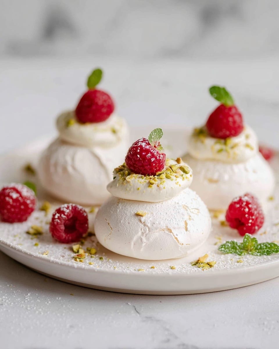 The image shows three small round white pavlovas on a white plate set on a white marbled surface. Each pavlova has two layers: a smooth, dome-shaped, white meringue base with a slightly cracked texture and a creamy dollop of white cream on top. The cream is decorated with one bright red raspberry, a sprinkle of finely crushed green pistachios, and a small green mint leaf on each pavlova. Around the pavlovas on the plate are scattered some more raspberries, mint leaves, crushed pistachios, and a light dusting of white powdered sugar. Photo taken with an iphone --ar 4:5 --v 7