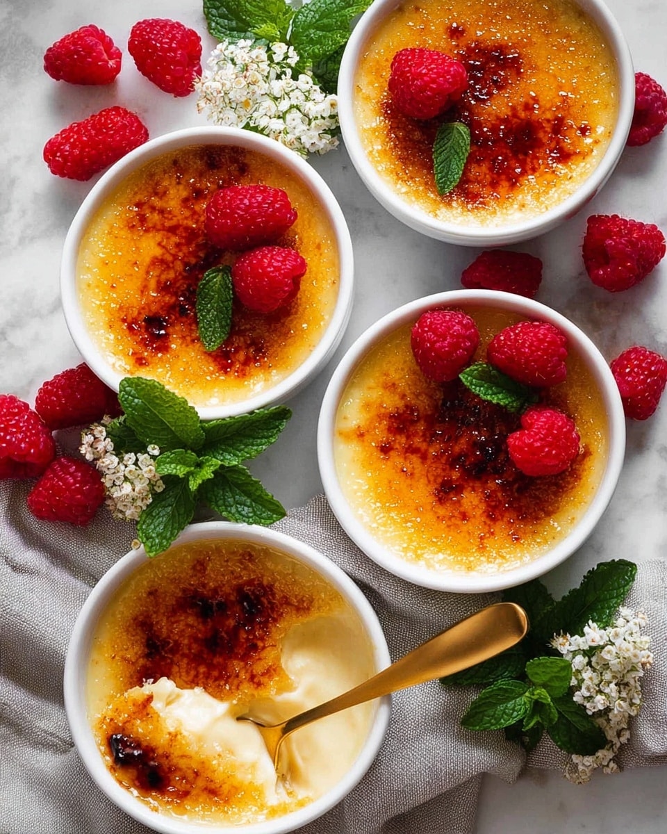 Four white bowls filled with crème brûlée, each showing a shiny, caramelized golden-brown sugar crust on top. Each bowl has a raspberry and a small green mint leaf placed on the caramel layer. One bowl in the center has a golden spoon scooping up a creamy, pale yellow custard layer underneath the caramel crust. Bright red raspberries and sprigs of mint with small white flowers are scattered around the bowls, all set on a white marbled surface with a soft gray cloth underneath. Photo taken with an iphone --ar 4:5 --v 7