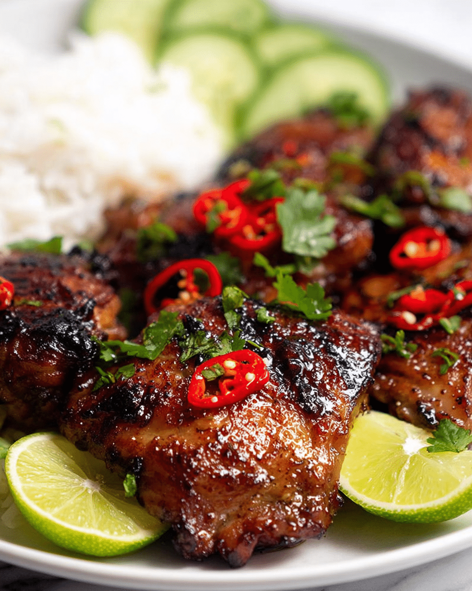 A close-up view of grilled chicken thighs with a shiny, dark brown glaze and a slightly charred texture, topped with small red chili slices and green cilantro leaves scattered over them. The chicken pieces are laid out on a large white plate. Around the chicken, there are bright green lime wedges adding a fresh contrast. In the background, there is a side of white rice with a light, fluffy texture, and some sliced cucumbers with a smooth, light green peel. The whole dish is placed on a white marbled surface. photo taken with an iphone --ar 4:5 --v 7