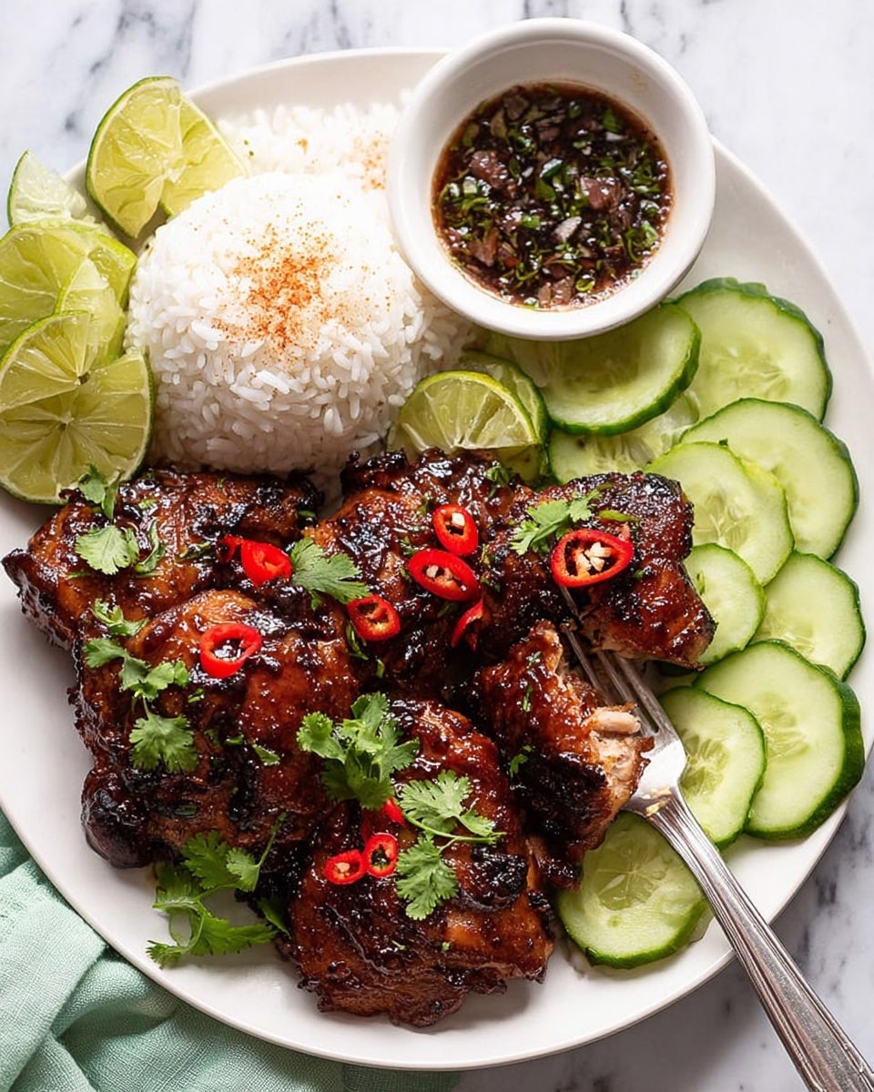 A white plate filled with several pieces of dark brown grilled chicken, glazed and slightly shiny, topped with small red chili slices and green cilantro leaves. On one side of the plate, there is a mound of white rice with a light sprinkling of a light brown powder, and on the other side, several thin slices of cucumber arranged in a fan shape. Lime wedges are placed around the chicken pieces, adding bright green color. A small white bowl with dark dipping sauce containing herbs and chili is placed next to the plate, with a silver fork resting on the bowl edge, holding a piece of chicken. The plate rests on a white marbled surface with a light green cloth nearby. Photo taken with an iphone --ar 4:5 --v 7