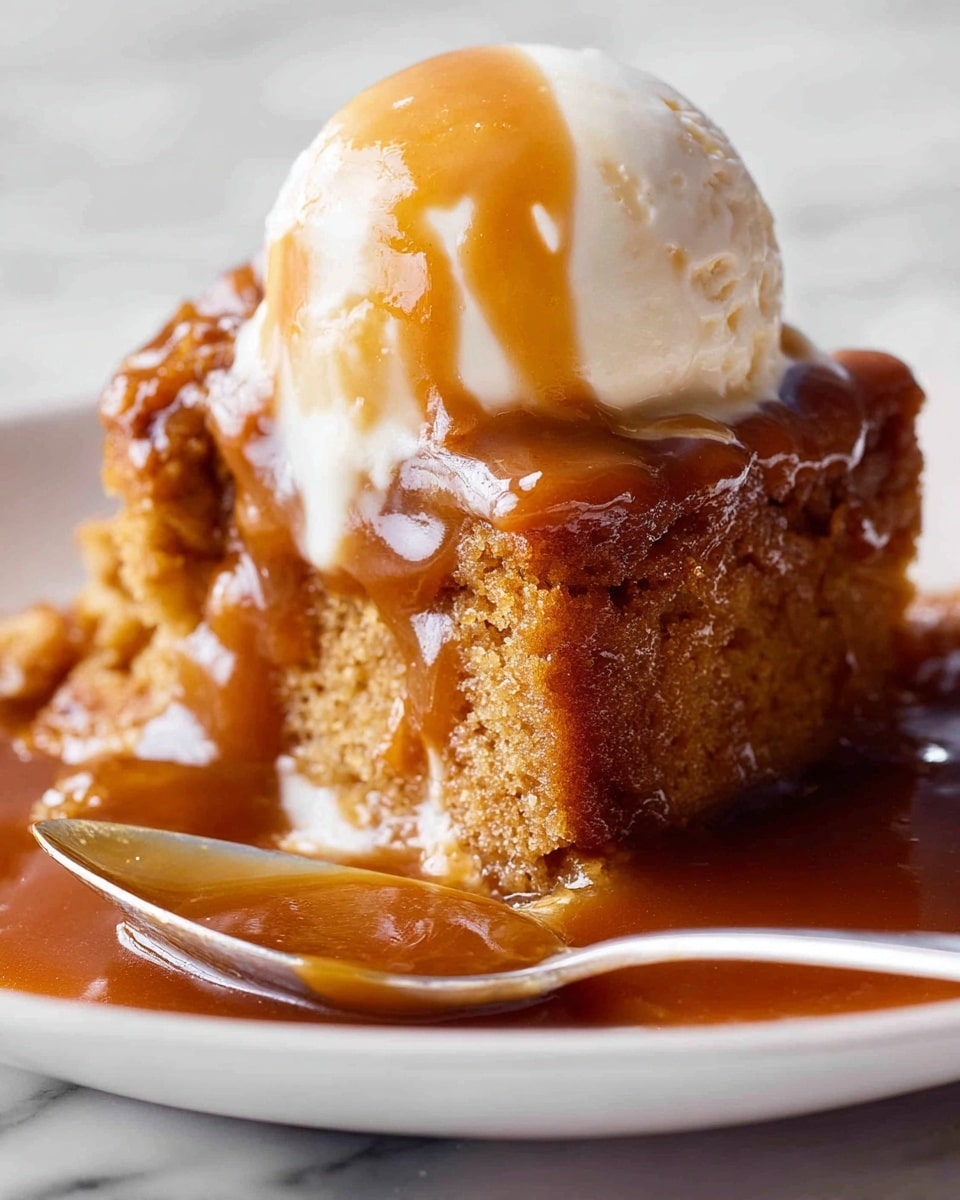 The image shows a close-up of a warm dessert with three main layers. The bottom layer is a light brown, moist cake soaked in a shiny, thick caramel sauce, which pools around the edges and covers part of the cake. The middle layer is the cake itself, with a crumbly texture and golden brown color. The top layer is a scoop of creamy white ice cream melting slightly, sitting on top of the cake with a bit of caramel sauce dripping down its side. In front of the dessert, there is a silver spoon with caramel sauce on it, resting on a white dish. The background is a white marbled texture. photo taken with an iphone --ar 4:5 --v 7