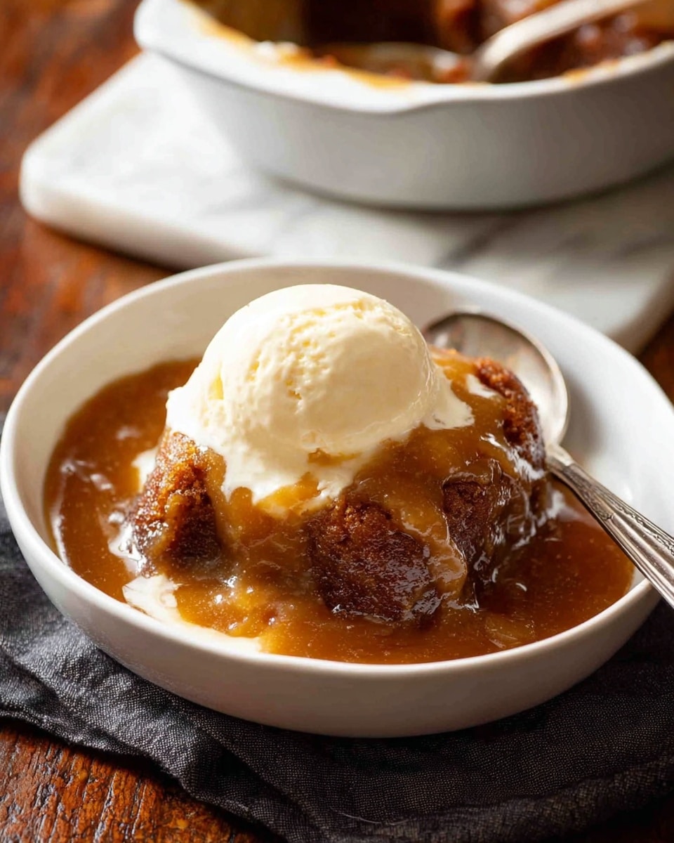 A white bowl holds a dessert with three clear layers: the bottom layer is a dark brown moist cake, the middle layer is a thick, glossy caramel sauce with a rich amber color that covers the cake and spreads around, and the top layer is a smooth, creamy white scoop of ice cream slowly melting and slightly covering the caramel sauce. A silver spoon lies inside the bowl resting on the wooden table with a dark cloth underneath. In the background, a white serving dish with more dessert is partially visible, all set on a white marbled surface. Photo taken with an iphone --ar 4:5 --v 7