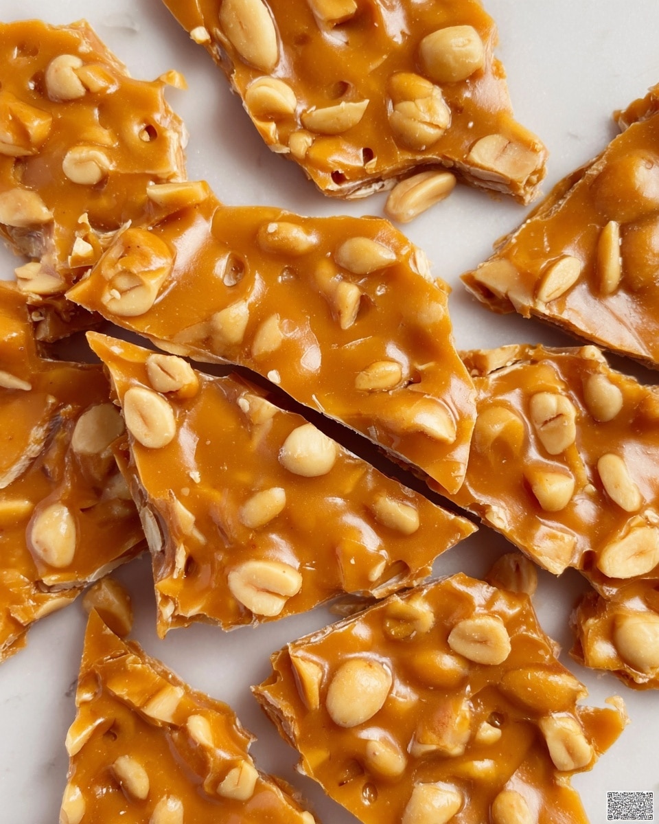 Close-up view of several pieces of peanut brittle broken into irregular shapes but mostly flat. The peanut brittle has a shiny, golden-brown caramel base with many visible whole peanuts embedded throughout each piece. The texture shows a glossy, smooth caramel layer holding the peanuts tightly. The pieces are spread out over a white marbled surface, showing some edges and corners clearly, with a few areas featuring paired or stacked pieces. photo taken with an iphone --ar 4:5 --v 7