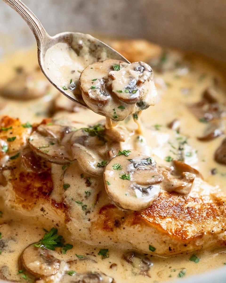 The image shows a close-up of a cooked piece of chicken breast browned on the edges and covered with creamy beige mushroom sauce. The sauce contains sliced brown mushrooms visible on top, and small green herbs are sprinkled over the chicken and sauce, adding a touch of color. A large silver spoon is lifting some of the sauce and mushrooms, showing the creamy texture flowing smoothly over the chicken. The background is blurred but with a subtle white marbled texture visible. photo taken with an iphone --ar 4:5 --v 7