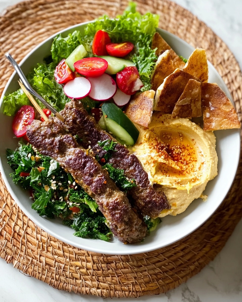 The image shows a white shallow bowl filled with a colorful Middle Eastern meal placed on a woven round mat over a white marbled surface. Inside the bowl, there are two dark brown grilled meat skewers lying across the dish. On the right side, there is a creamy, pale yellow hummus with a smooth texture, slightly scooped with some paprika sprinkled on top. Near the hummus, there is a fresh green salad made of chopped parsley, tomatoes, and sesame seeds, adding a leafy and textured look. On the upper half of the bowl, crispy browned pita bread pieces are scattered above fresh, bright green lettuce leaves, halved red cherry tomatoes, sliced white radishes, and cucumber slices, creating a mix of crunchy and fresh layers. photo taken with an iphone --ar 4:5 --v 7