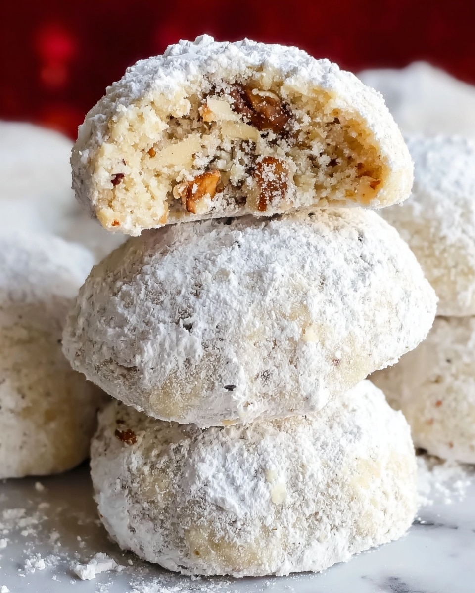A stack of round, crumbly cookies covered in a thick layer of white powdered sugar sits on a white marbled surface. The top cookie is broken in half, showing an inside filled with small pieces of brown nuts embedded in a light beige dough that looks soft and slightly grainy. The powdered sugar dusting is uneven and fluffy, giving the cookies a powdered, snowy look. The cookies are closely stacked, creating a sense of height and texture contrast between the smooth sugar outside and the nut-studded inside. Photo taken with an iphone --ar 4:5 --v 7