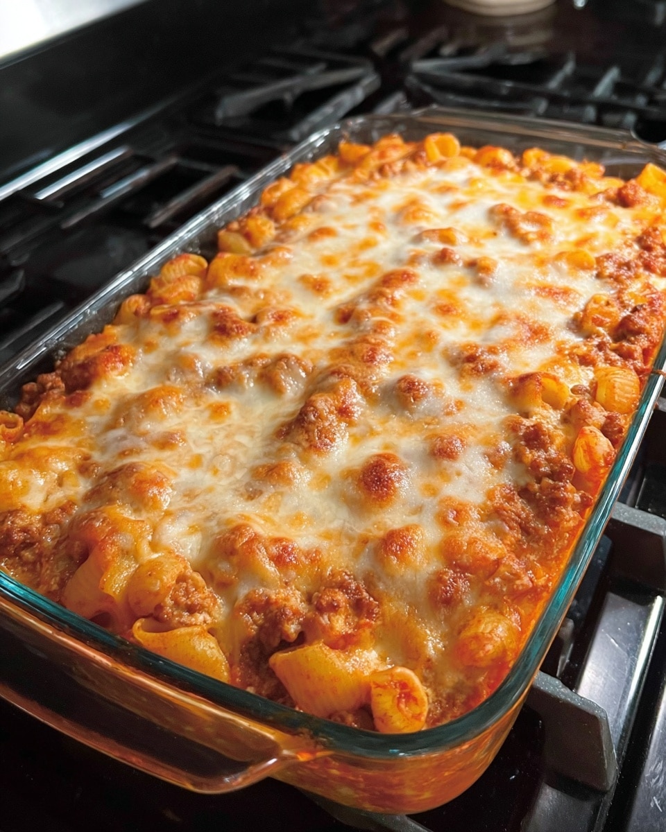 A baked pasta dish in a clear glass rectangular baking dish resting on a stove burner. The dish has three visible layers: at the bottom, pasta shells coated in a tomato-based sauce with a rich orange-red color, in the middle, a layer of cooked ground meat mixed with the sauce, and on top, a thick, melted cheese layer with a mix of white and golden-yellow spots, slightly browned and bubbly around the edges. The cheese covers the entire surface evenly, and some sauce has bubbled up around the edges, creating a slightly crispy border. Photo taken with an iphone --ar 4:5 --v 7