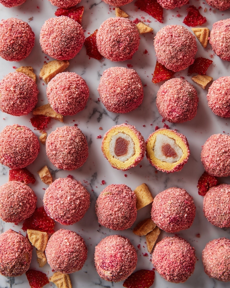 The image shows 43 round treats arranged neatly in a grid on a white marbled surface. Each treat is covered with a crumbly pink coating that looks crunchy. One treat near the center is cut in half, revealing three layers inside: a pale yellow outer layer, a thin white middle layer, and a darker reddish filling in the center. Scattered around the treats are pieces of dried strawberries and golden sandwich cookies broken into halves or quarters. The bright pink crumbs and dried red strawberry slices add a colorful texture contrast to the smooth white marbled background. photo taken with an iphone --ar 4:5 --v 7