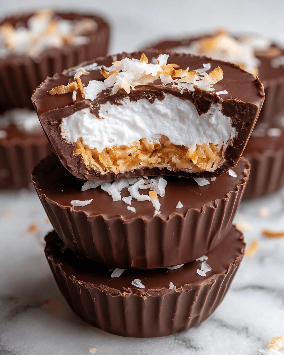 The image shows a stack of three chocolate cups on a white marbled surface. Each cup has a smooth, dark brown chocolate shell with a ridged edge around the bottom. The top cup is cut in half to reveal three layers inside: a glossy dark chocolate outer layer, a golden toasted coconut layer beneath it, and a fluffy white marshmallow center filling most of the middle. Some toasted coconut flakes are sprinkled on top, adding texture and contrast. photo taken with an iphone --ar 4:5 --v 7