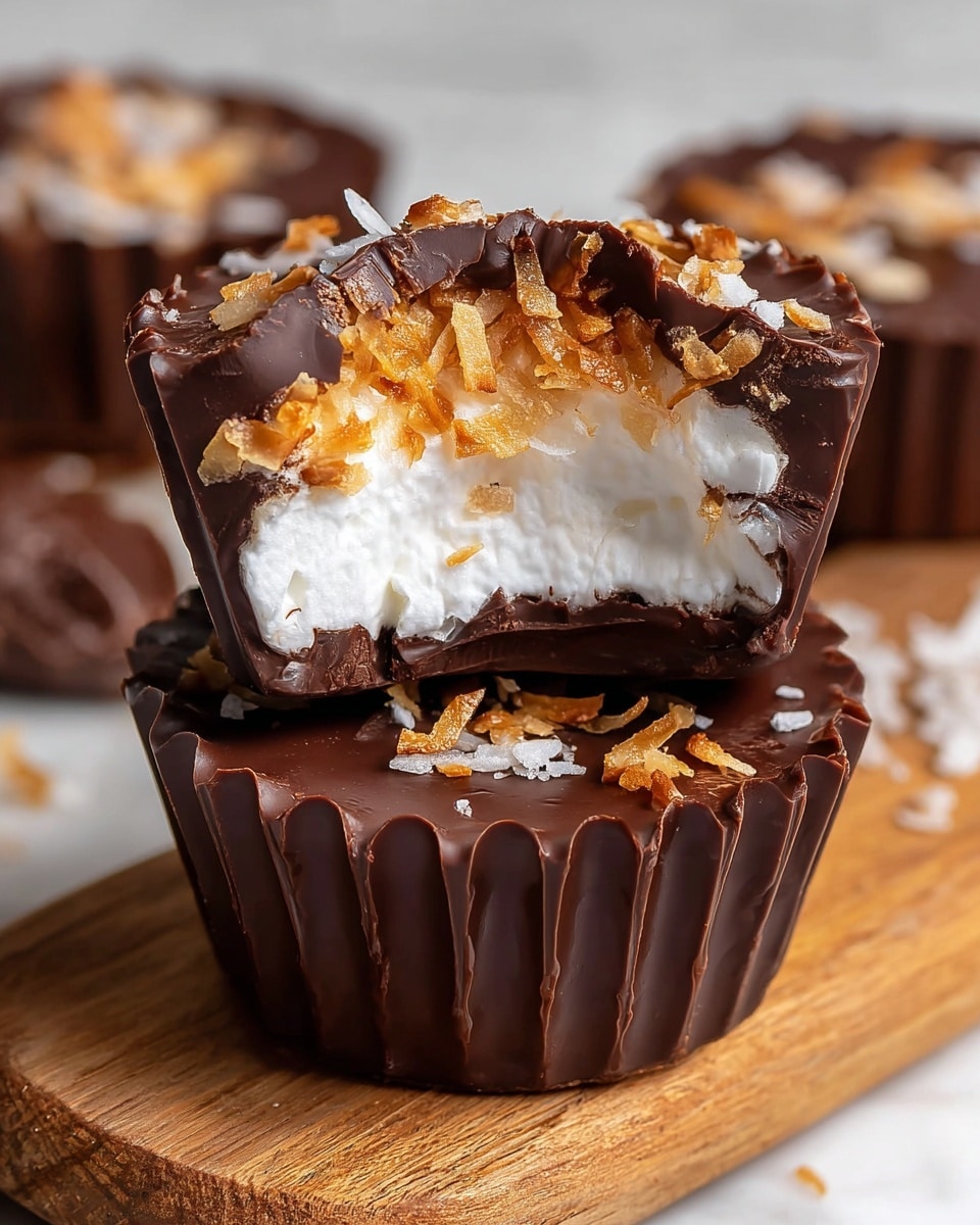 The image shows two chocolate cups stacked on a wooden board with a white marbled texture underneath. Each cup has a rich, dark brown chocolate shell with a wavy edge pattern. The top cup is bitten halfway, revealing three layers inside: a bottom dark chocolate layer, a middle soft white marshmallow layer with a fluffy texture, and a top golden toasted coconut layer with shredded coconut pieces scattered on the chocolate surface. The chocolate shell has a glossy finish, and bits of coconut are sprinkled on the top, adding rough texture. Photo taken with an iphone --ar 4:5 --v 7
