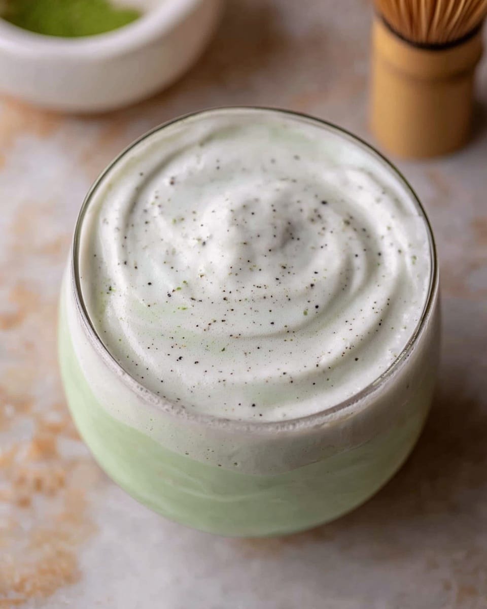 A close-up view of a two-layered drink in a clear glass seen from the top. The bottom layer is a smooth, pale green liquid that fills most of the glass, while the top layer is a thick, creamy white foam with small black specks, gently swirled on the surface. The background has a white marbled texture with a glimpse of a white bowl on the left and a bamboo whisk slightly out of focus on the right. photo taken with an iphone --ar 4:5 --v 7