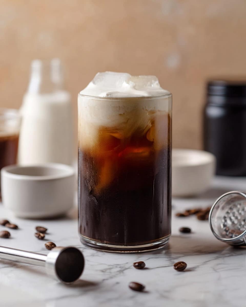 A clear glass cup filled with dark brown iced coffee and large ice cubes, topped with a thick layer of creamy white foam that slightly spills over the rim, standing on a white marbled surface. Around the glass, there are scattered coffee beans and two small white bowls in the background, along with a black container and a smaller clear glass bowl on the right side. In the foreground, a silver milk frother lies horizontally with its whisk part resting on the surface. The overall setting uses soft, warm lighting. photo taken with an iphone --ar 4:5 --v 7