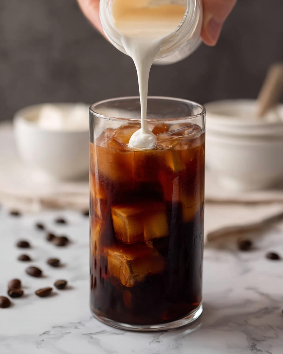 A clear glass filled with dark brown iced coffee and visible large ice cubes, with a thick layer of creamy white foam being poured from above by a woman's hand, creating a swirling effect on top of the cold drink, all set against a white marbled surface with scattered coffee beans and blurred white bowls in the background photo taken with an iphone --ar 4:5 --v 7