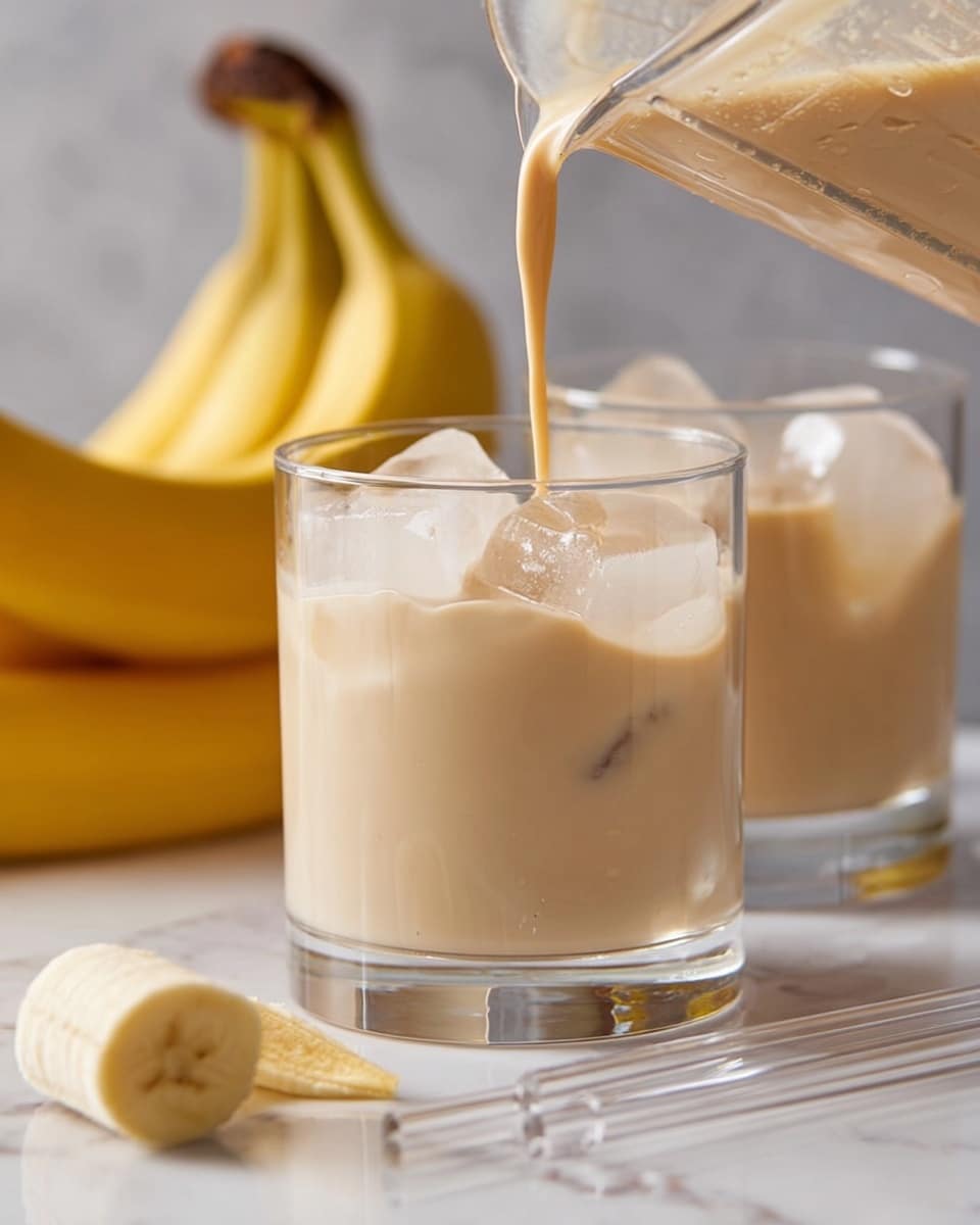 A clear glass is filled with large ice cubes, and a creamy light beige drink is being poured into it from a clear blender container above, creating soft bubbles on the surface. Behind this glass, there is another similar glass filled with the same creamy drink. The scene includes several yellow bananas laying on a white marbled surface, and a peeled banana segment is visible in the foreground. Two clear glass straws lay beside the front glass on the white marbled surface. Photo taken with an iphone --ar 4:5 --v 7