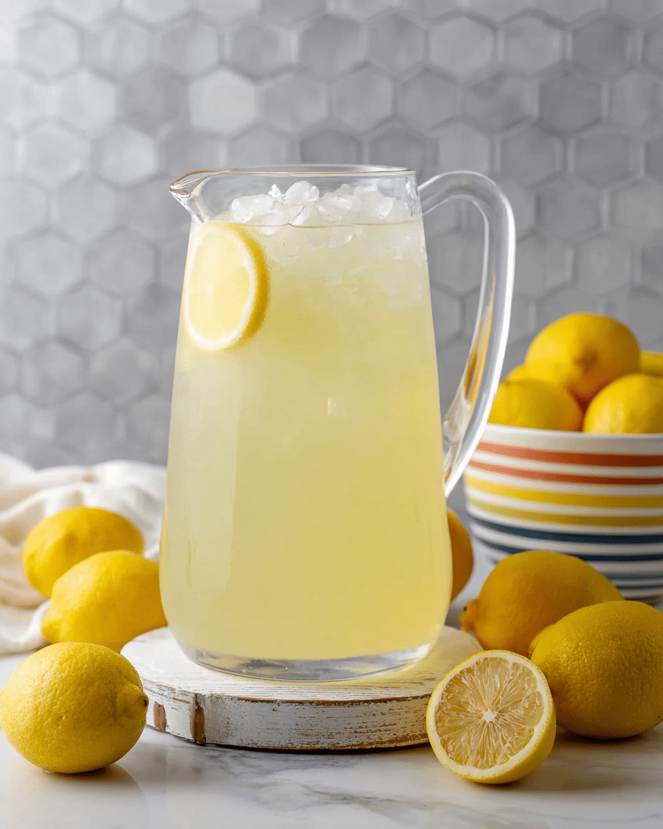 A tall clear glass pitcher filled with pale yellow lemonade with ice cubes and a thin lemon slice floating near the top inside the liquid, sitting on a rustic white wooden board against a white marbled texture. Around the base of the pitcher, there are multiple bright yellow lemons, including one lemon cut in half showing its juicy interior. In the background, a white bowl with colorful stripes holds more whole lemons, all set against a soft light grey hexagonal tile wall. Photo taken with an iphone --ar 4:5 --v 7
