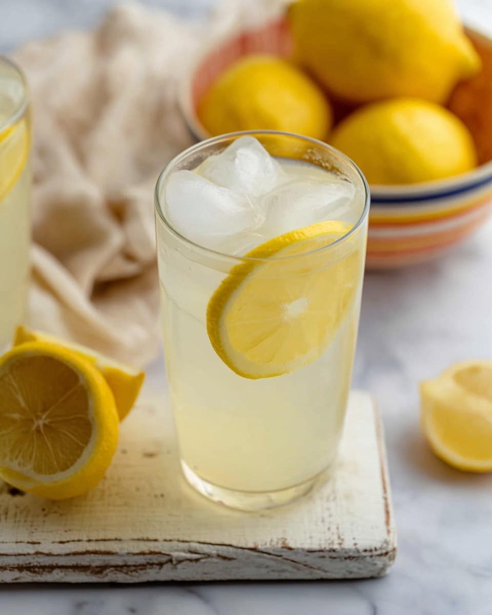 A clear glass filled with pale yellow lemonade, containing large ice cubes and two thin lemon slices—one floating on top and one pressed against the inner side of the glass. The glass sits on a white wooden board with visible worn edges. In the background, there are whole bright yellow lemons and a blurred beige cloth and a bowl with orange and brown stripes, all set on a white marbled texture. Photo taken with an iphone --ar 4:5 --v 7
