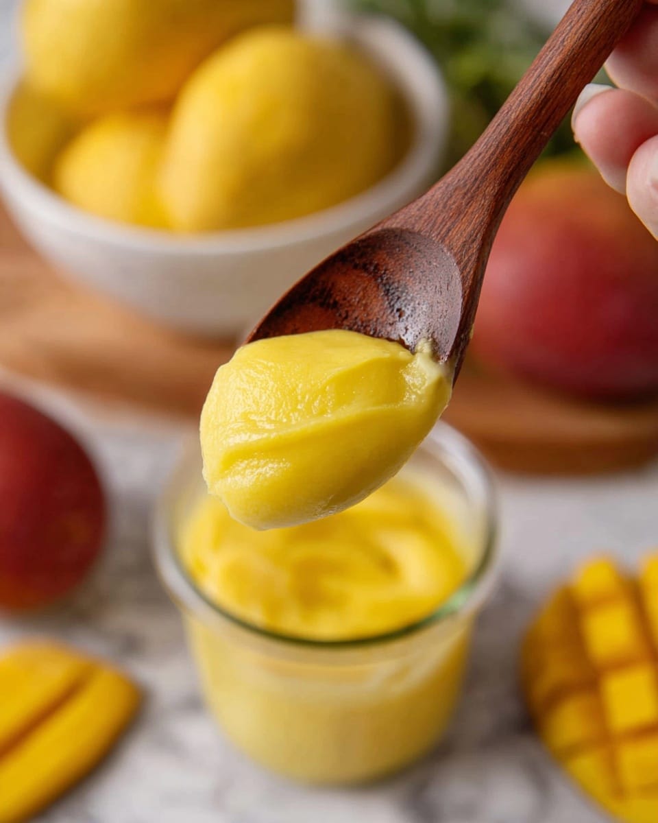 A close-up image shows a wooden spoon holding a glossy, bright yellow, thick creamy substance with a smooth texture. The spoon is held by a woman's hand, focusing on the fingers gripping the handle. Below the spoon, there is a clear glass cup filled with the same creamy yellow substance. In the background, blurred yellow sliced mangoes and whole mangoes in a white bowl are seen, placed on a white marbled surface. The overall feel is fresh and natural. photo taken with an iphone --ar 4:5 --v 7