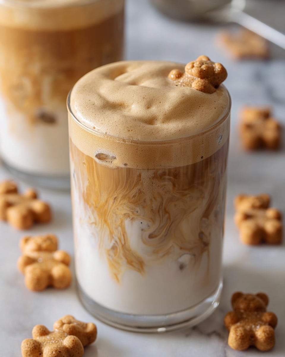 A clear glass is filled with a creamy drink showing three visible layers: at the bottom, a white milk layer, above it a mix of light brown swirls where the milk blends with coffee, and a thick, frothy light brown foam topping with a small cookie piece placed on top. Around the glass on a white marbled surface, there are several small teddy bear-shaped cookies scattered. In the background, a second similar glass is partially visible with the same layered drink. photo taken with an iphone --ar 4:5 --v 7