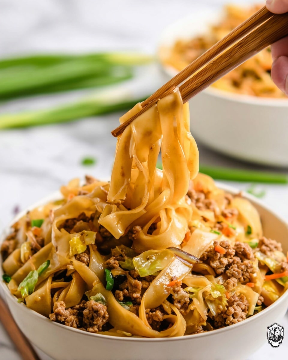 A close-up view of a dish with three main parts: wide yellow-brown flat noodles, small light brown pieces of cooked ground meat, and small white pieces of cabbage mixed in. The noodles are glossy and thick, and they are being lifted from a white bowl by a pair of wooden chopsticks held by a woman's hand. There are also small green pieces of chopped scallions and bits of orange carrot scattered in the dish. The background shows another white bowl and some green scallion stalks on a white marbled surface. photo taken with an iphone --ar 4:5 --v 7