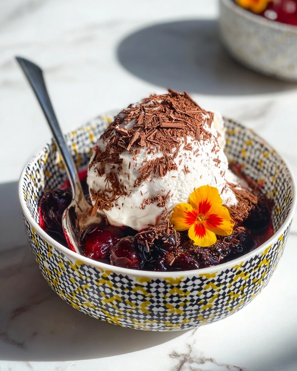 The dish is served in a white bowl with a black and yellow honeycomb pattern. The base layer is a dark red berry compote, shiny and slightly chunky in texture, filling most of the bowl. On top of this is a large scoop of white vanilla ice cream, smooth and creamy. The ice cream is sprinkled generously with fine chocolate shavings. A small bright yellow and orange edible flower decorates one side of the bowl. A silver spoon rests inside the bowl, leaning on the edge. The bowl is placed on a white marbled surface with bright natural light highlighting the textures. photo taken with an iphone --ar 4:5 --v 7