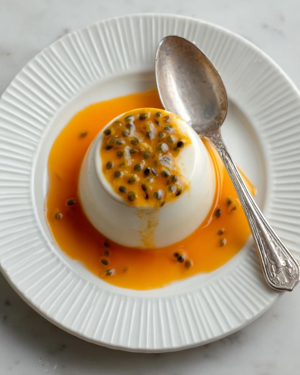 A single smooth, creamy white panna cotta dome sits in the center of a white plate with a ridged edge. The panna cotta is topped with a bright orange passion fruit sauce, which contains small black seeds that add texture and color contrast. Surrounding the base of the panna cotta, a thick pool of glossy orange sauce gently spreads out, bright and shiny against the white plate. To the right of the panna cotta, a silver spoon with intricate designs on the handle rests on the plate. The whole scene is set on a white marbled surface. photo taken with an iphone --ar 4:5 --v 7