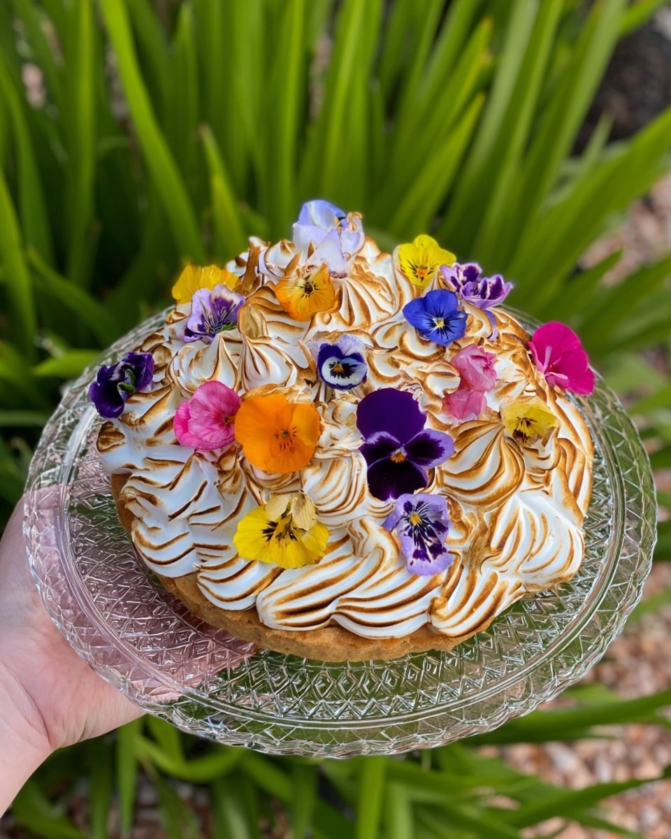 The image shows a round tart held by a woman's hand on a clear glass plate with a detailed pattern. The tart has a golden brown crumb base and is topped with thick, glossy, white meringue that is piped in swirling, wavy layers, each with toasted golden brown stripes from a torch. Scattered on top of the meringue are bright edible flowers in various colors, including purple, yellow, orange, pink, and blue, adding vibrant pops of color across the tart. The background features green leaves and grass below the plate. photo taken with an iphone --ar 4:5 --v 7