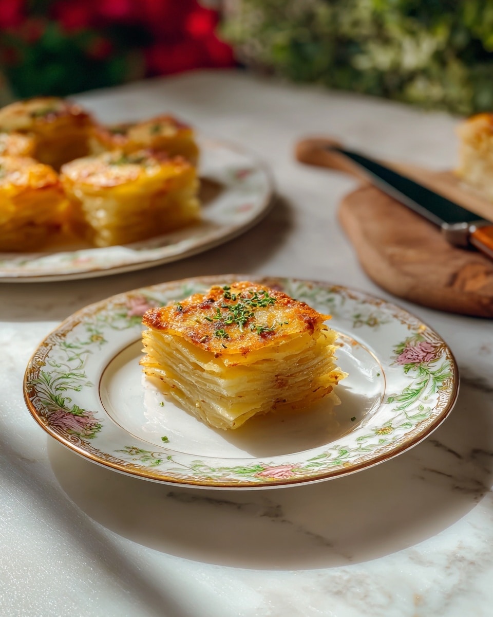 A single golden brown square piece of layered potato gratin sits centered on an ornate white plate with green, gold, and pink floral designs. The gratin shows about twelve thin, translucent layers of cooked potato stacked neatly, topped with a crispy browned crust and finely chopped green herbs. In the background, a white plate holds multiple similar grated potato squares, slightly blurred with a wooden-handled knife resting beside them. The setting includes a white marbled texture surface with soft sunlight casting shadows, and some green and red blurred plants in the background. Photo taken with an iphone --ar 4:5 --v 7