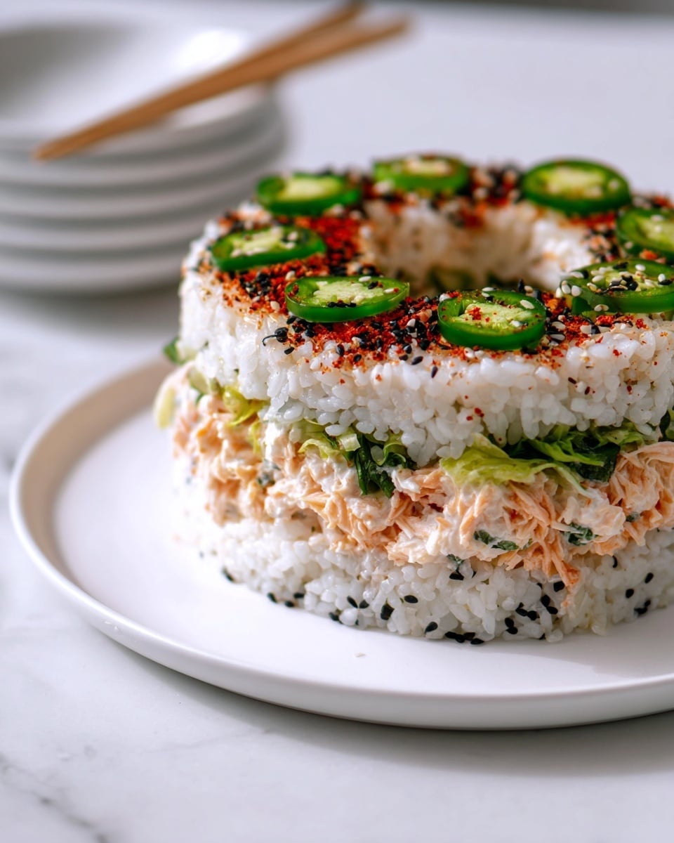 This dish is a ring-shaped sushi cake with three visible layers on a white plate sitting on a white marbled surface. The bottom layer is white sushi rice mixed with black and white sesame seeds, followed by a creamy crab salad layer with shredded crab meat and green herbs. Above the crab salad is a layer of green lettuce, and the top layer is another thick ring of white sushi rice, which is sprinkled with red spices, black seaweed flakes, and sliced green jalapeño peppers arranged evenly around the top. In the background, there is a blurred stack of white bowls with a spoon inside. Photo taken with an iphone --ar 4:5 --v 7