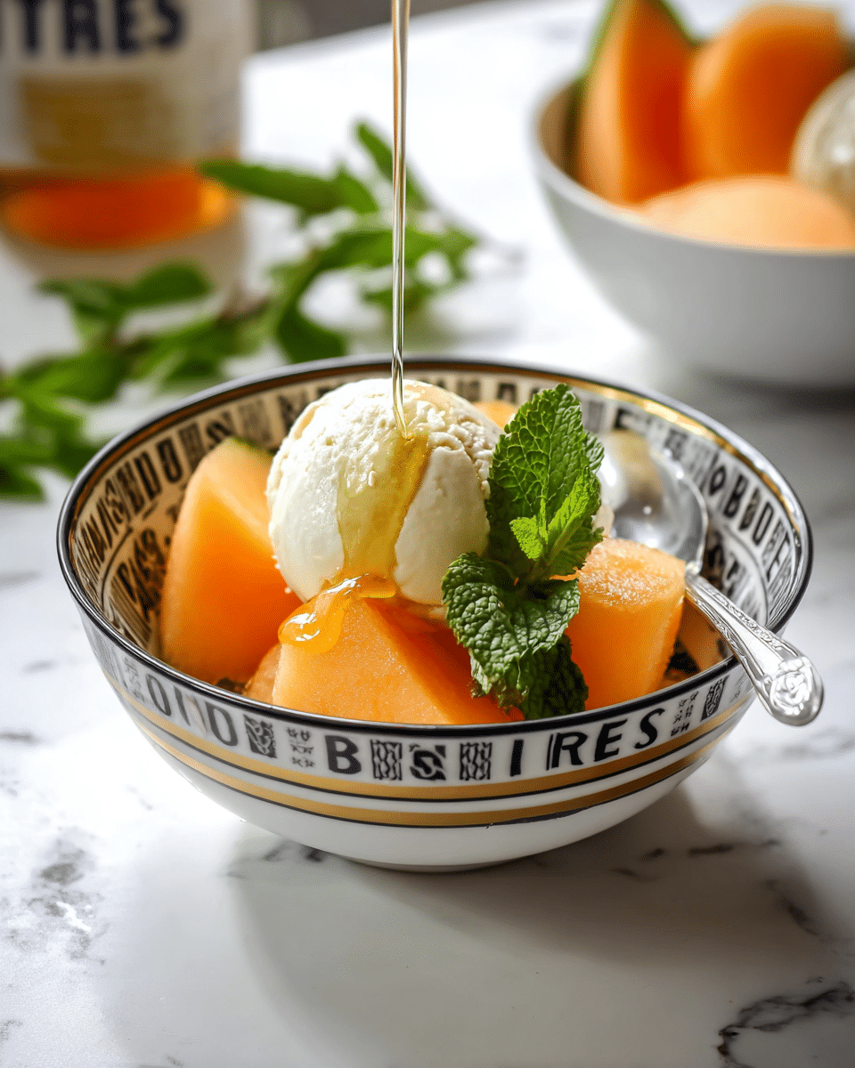 A white bowl with black and gold patterns on the rim holds a fresh dessert with three visible layers: large orange cantaloupe pieces at the bottom, topped by a smooth white scoop of ice cream, and a drizzle of golden honey falling onto the ice cream from above. A fresh green mint leaf is placed beside the ice cream. A small silver spoon rests inside the bowl, leaning against the cantaloupe. The bowl sits on a white marbled surface with blurred green leaves and another bowl with cantaloupe pieces in the background. Photo taken with an iphone --ar 4:5 --v 7