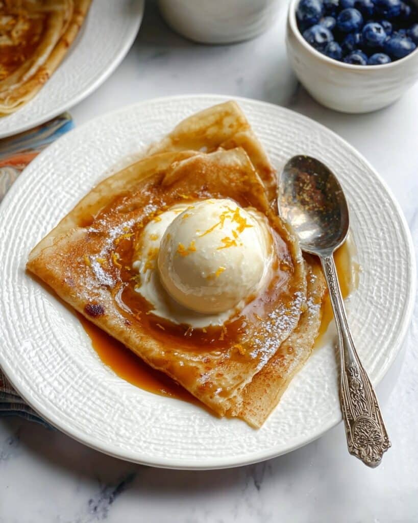 Orange Crepes with Zesty Citrus Sauce and Vanilla Ice Cream Recipe