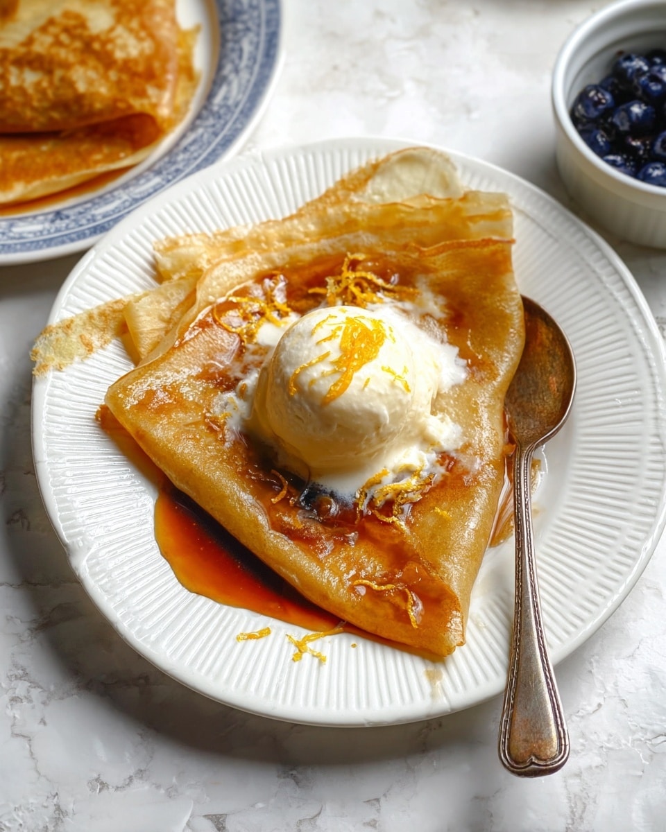 A white plate with ridged edges holds a folded crepe with a golden-brown color, soaked in a rich amber syrup with thin orange zest strands scattered on top. A scoop of creamy white ice cream sits in the center of the crepe, beginning to melt and blend with the syrup around it. A vintage silver spoon rests on the right side of the plate. The background features a white marbled surface with a partial view of a similar plate with syrup-soaked crepe and a small white bowl filled with dark blueberries. photo taken with an iphone --ar 4:5 --v 7