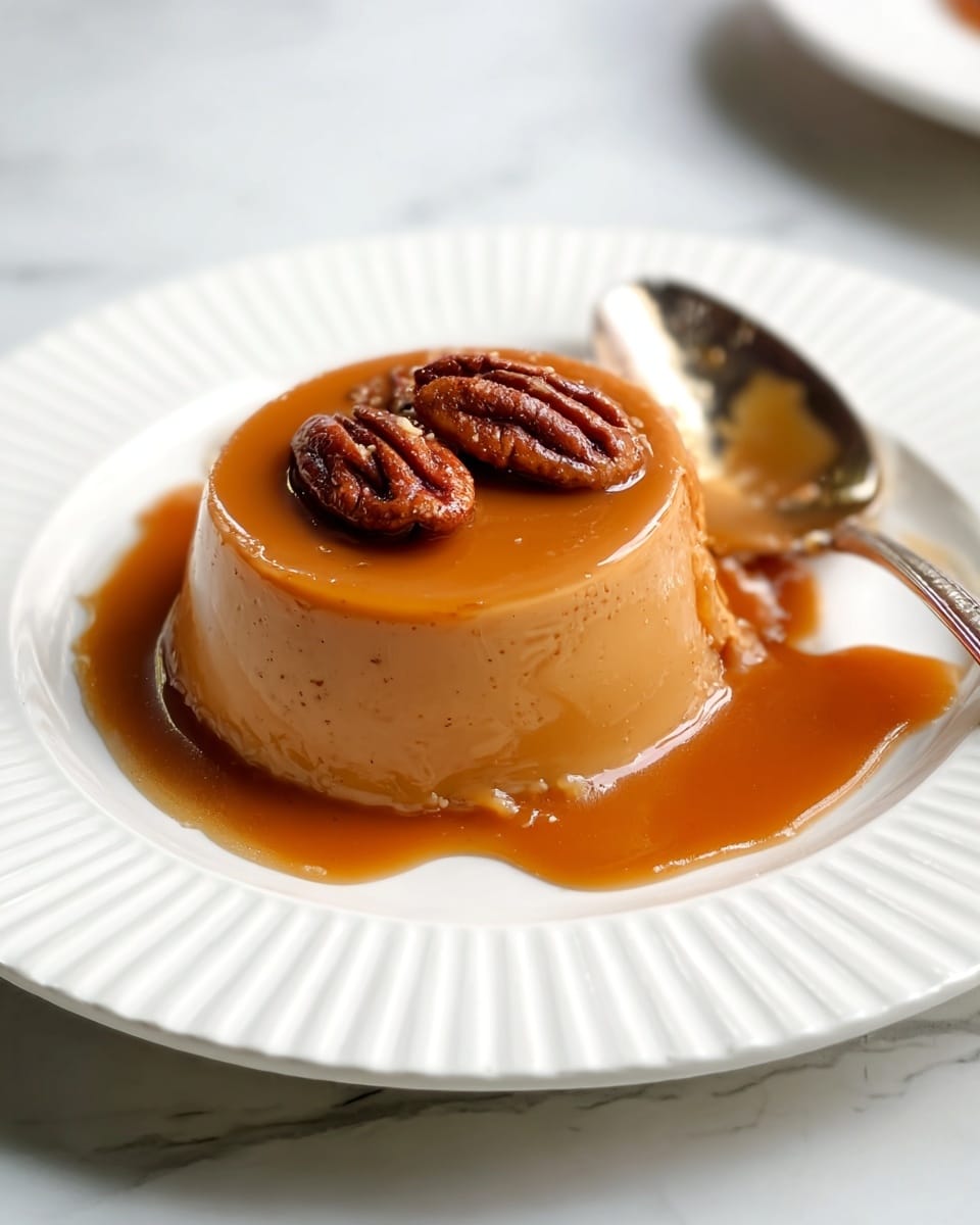 A small caramel-colored pudding sits in the center of a white plate with ridged edges. The pudding has a smooth, shiny texture and is topped with two toasted pecans resting on a glossy layer of caramel sauce. A thick stream of caramel sauce pools gently beside the pudding, slightly dripping down one side. Next to the dessert on the plate lies a silver spoon partially covered with caramel. The background shows a white marbled texture, adding brightness to the image. photo taken with an iphone --ar 4:5 --v 7